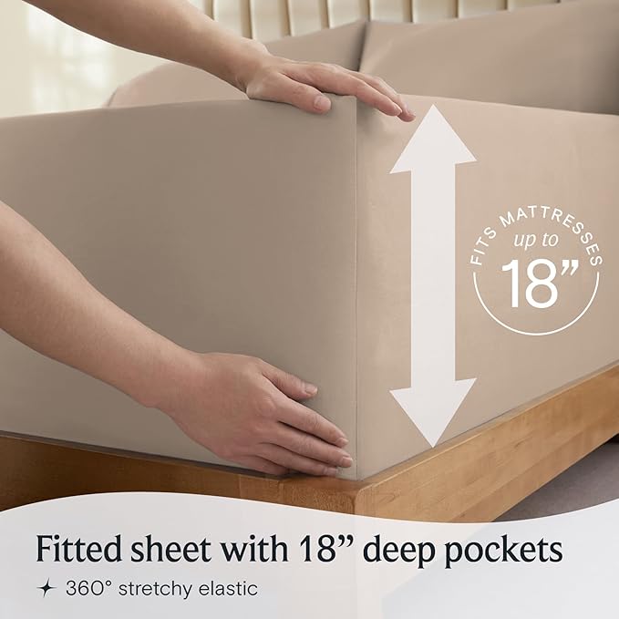 LuxClub 4 PC Full Sheet Set, Deep Pockets Wrinkle Free Cooling Bed Sheets Hotel Bedding for Women, Men, Kids & Teens, Includes 1 Fitted Sheet, 1 Flat Sheet and 2 Pillowcases-Soft Light Khaki