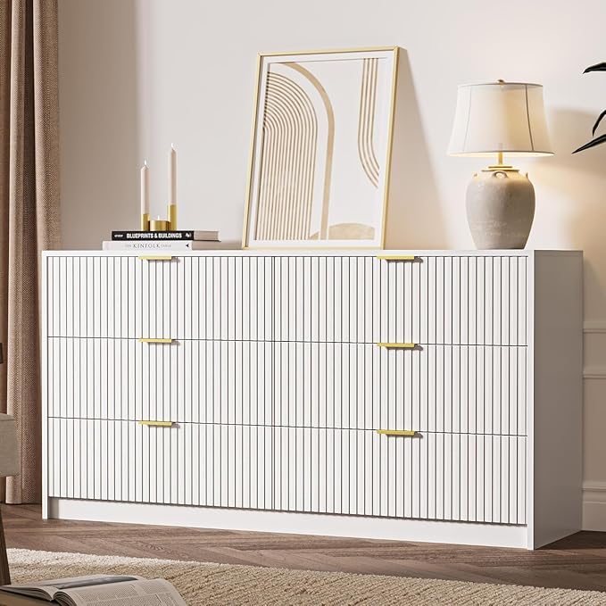 3-Piece Dresser Bedroom Set, 6 Drawer Dresser & 2 Drawer Nightstands with Gold Handles, Fluted Wood Chest of Drawers for Bedroom, Living Room, Entryway, White