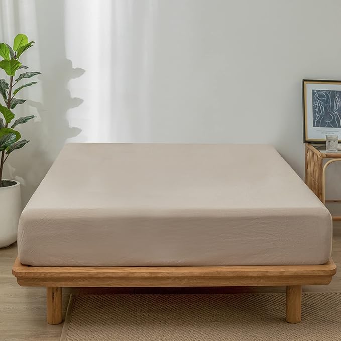 MooMee Fitted Bottom Sheet Only 100% Washed Cotton Linen Like Textured Breathable Durable Soft Comfy Deep Pocket Fits Mattress up to 17" (Taupe, King)