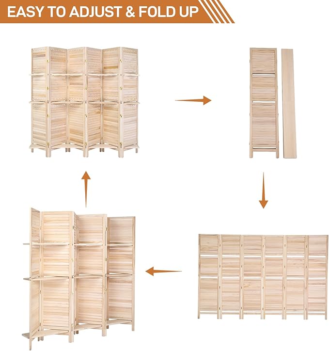 Bonnlo Wood Room Divider Privacy Screen, 5.9 Ft Tall Folding Partition Wall Divider, Indoor Freestanding Hinged Space Separator (Natural, 6 Panel with Shelves)