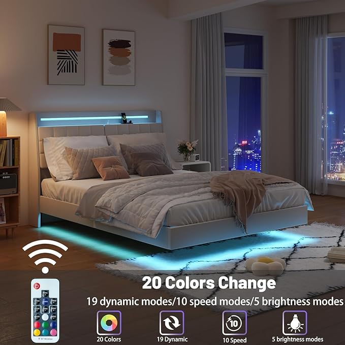 Floating King Size Bed Frame with RGB LED Lights & Charging Station, Upholstered Platform Bed with Hidden Storage Headboard & Shelves, Noise Free Heavy Duty Frame for Bedroom, Beige