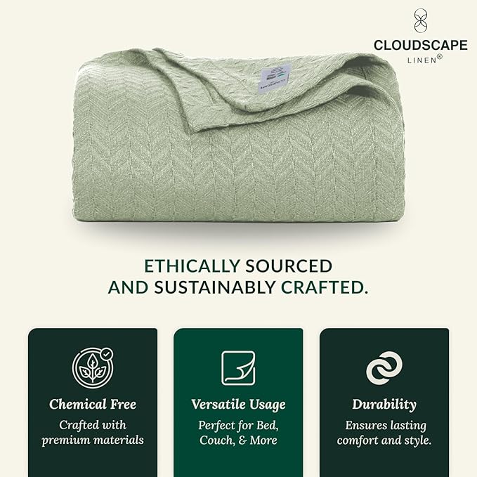 Cloud Scape Linen 100% Cotton Blanket Twin 68x92 Seafoam - Cozy Herringbone Weave, Fits Up to Twin XL Size Beds, Breathable Softness, All-Season Warmth, Winter Blanket, Bedding Gift Choice