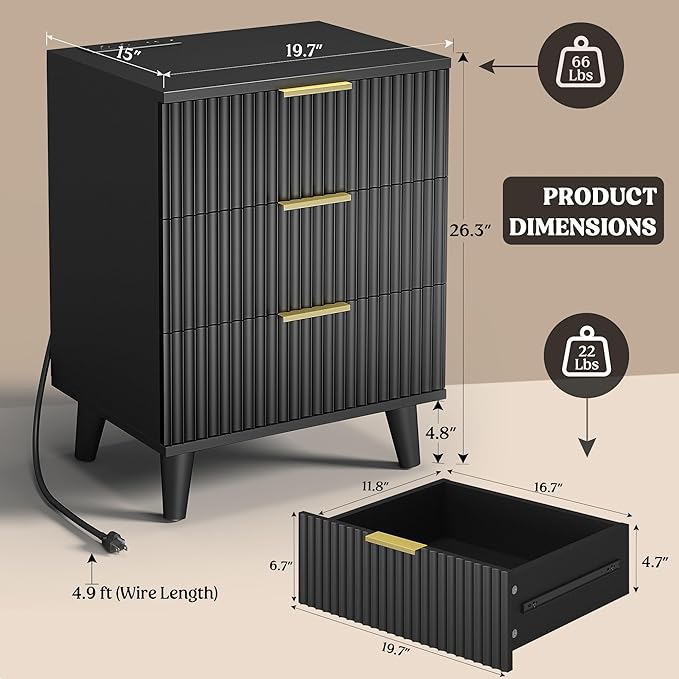 Lulive Wood Nightstand Set of 2 Fluted Dresser for Bedroom 3 Drawers Night Stand with Charging Station, Storage Modern Side Table Black