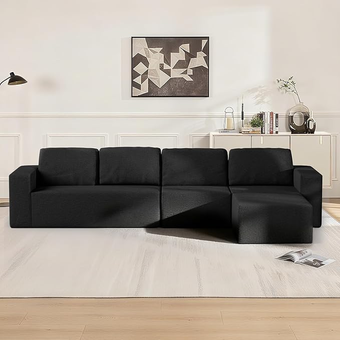 67" Loveseat Sofa, Cloud Modular Couch, Upholstered Floor Sofa with Deep Seat, Upholstered Foam Sofa for Bedroom Living Room, No Assembly Required (Black, Teddy Boucle)