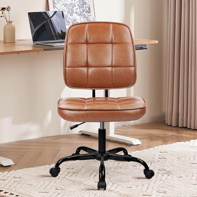 CLATINA Armless Home Office Chair with Lumbar Support and Wheels, Small PU Leather Ergonomic Low Back Desk Chairs No Arms, Adjustable Height 360° Swivel Rolling Computer Task Chair, Brown