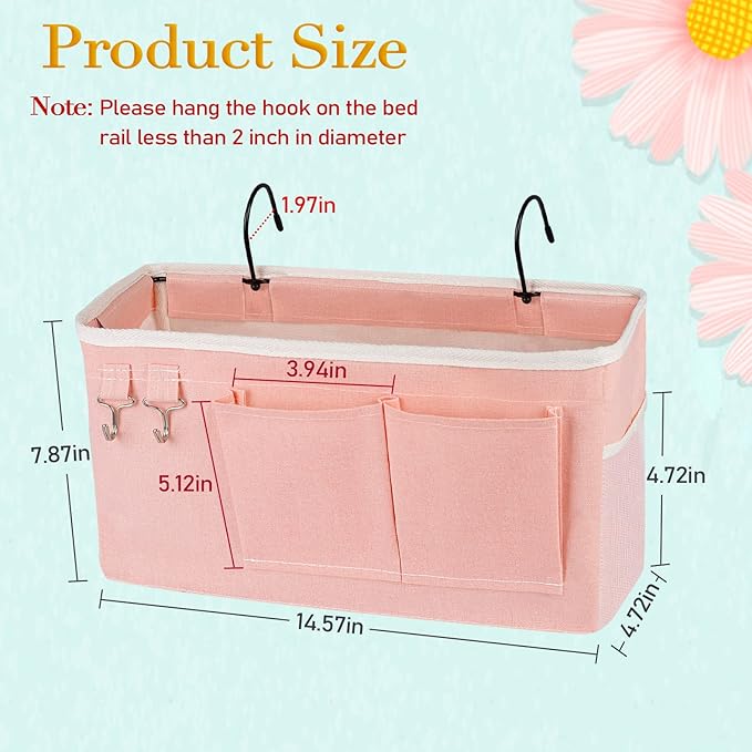 Ozzptuu Bedside Storage Caddy/Bedside Hanging Storage Bag for Headboards Bunk Beds Dorm Rooms Book Phone Magazine Holder (2PC Light Pink)