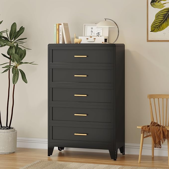 5 Drawer Dresser, Metal Tall Dresser for Bedroom, Black Bedroom Dressers with Drawers, Curved Corner Design Dressers & Chest of Drawers, Storage Cabinet for Hallway, Entryway (Black)