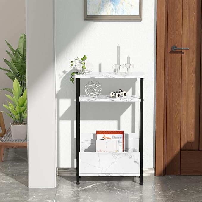 THUMEYE 7.1" Narrow Side Table for Small Spaces, 3 Tier Small End Table with Magazine Holder, Slim/Skinny Nightstand/Bedside Table for Living Room, Bedroom, 15.4" L x 24.2" H, Faux White Marble