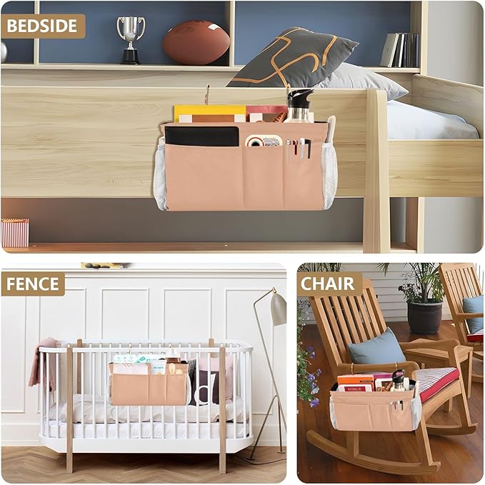 KOPIRIT Peach Orange Bedside Caddy Storage Bag Bedside Organizer for Headboards Bunk Beds Hanging Storage Organizer 6 Pockets with Hooks for Magazine Water Bottle Holder
