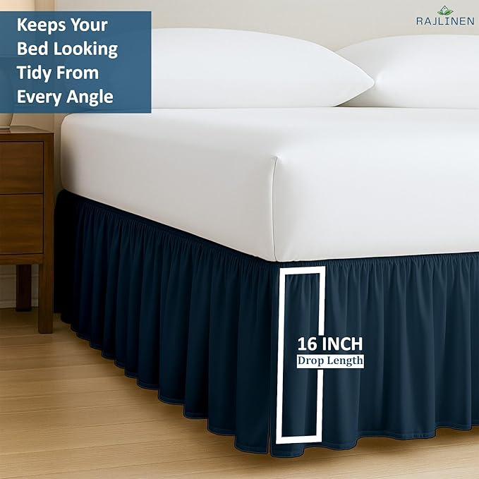Rajlinen Ruffled Bed Skirt Queen, 16 Inch Drop Dust Ruffle with Split Corners, 100% Microfiber Bedskirt with Platform, Three-Sided Coverage Ruffled Gathering Design, Navy Blue