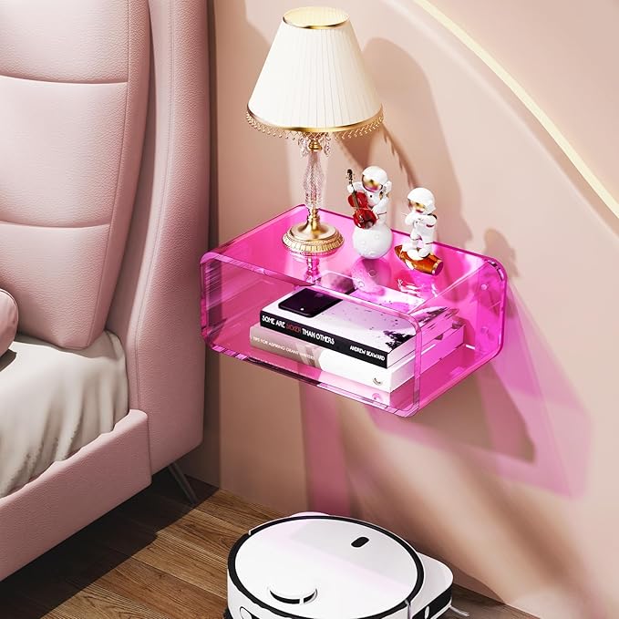 Acrylic Floating Nightstand, Bedside Table, Nightstand Shelf Wall Mounted Bedside Shelf (Pink, Small)