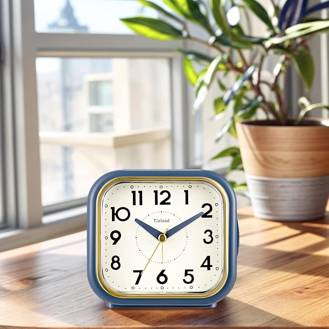 4.3" Retro Analog Alarm Clock • Silent Non Ticking • Gentle Wake • Beep Sounds • Increasing Volume • Battery Operated Snooze and Lighted on Demand • Retro Blue