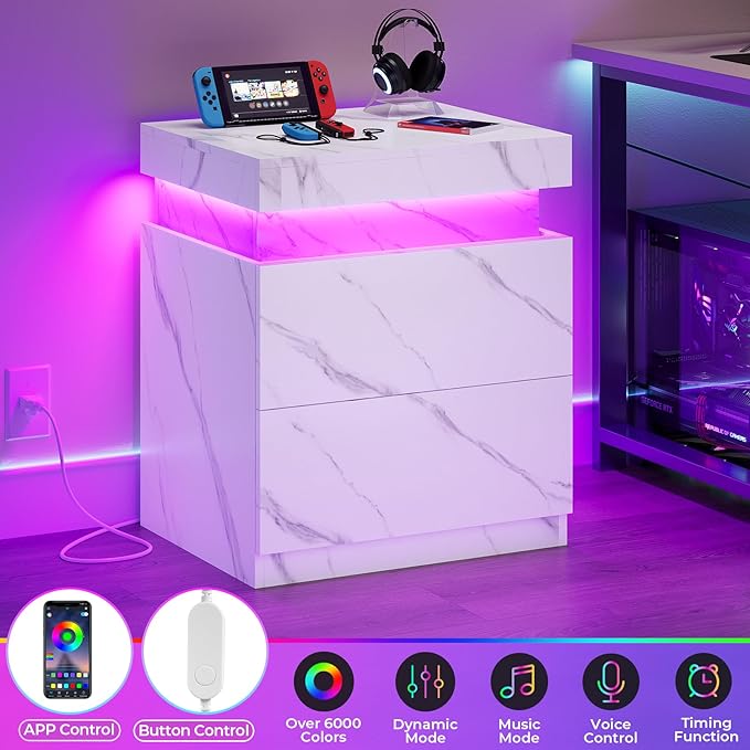 ADORNEVE Nightstand with Charging Station and LED Lights,Night Stand with Sliding Top,Bedside Table with 2 Drawers,Modern End Side Table for Bedroom,White Marble