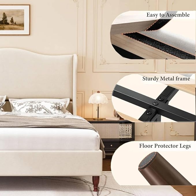 koorlian King Size Bed Frame Fully Upholstered Platform Bed with 51'' Tall Headboard, Sleigh Wingback and Solid Wood Retro Legs, Soft Fabric/Modern Minimalist Style/Easy Assembly, Beige