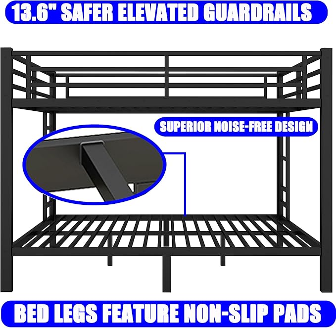Upgraded Version Thickened Metal Heavy-Duty Queen Over Queen Bunk Bed, Best Modern Style Stronger Queen Size Bunk Bed Frame with Ladder for Adults, Easy Assembly (Queen Over Queen)