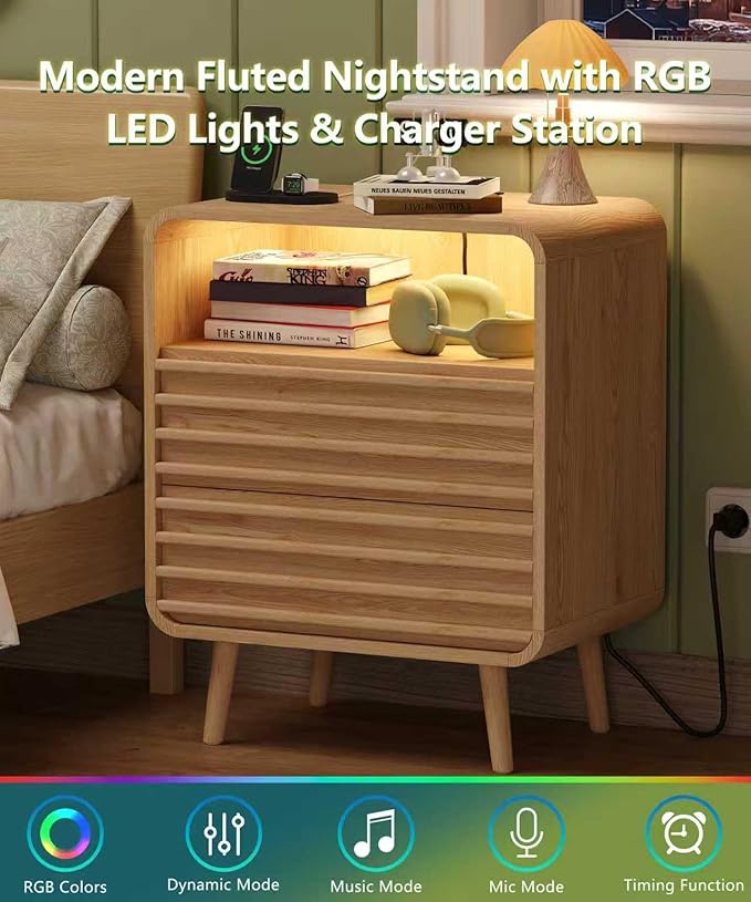 22.4"W Fluted Night Stand with 2 Drawers and Opening Shelf, RGB Nightstand with Charging Station, Wooden Bedside Table with Solid Wood Legs, End Table for Bedroom, Curved Profile Design, Natural Oak