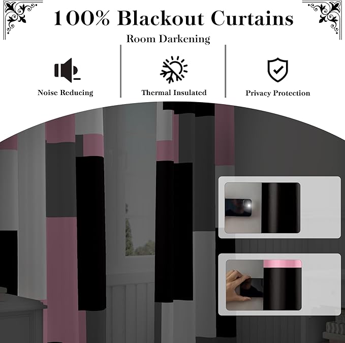 Pink 100% Blackout Curtains for Bedroom 96 inch Length 2 Panels Set White Grey Modern Abstract Geometric Black Out Curtains Insulated Room Darkening Window Drapes for Girls Living Room, 52Wx96L