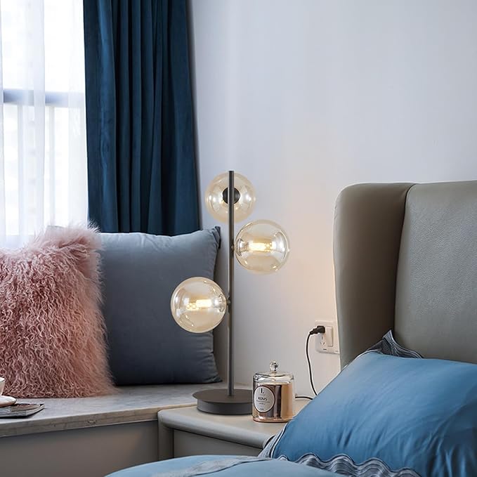 Modern Globe Table Lamp, Mid Century 3 Lights Black Bedside Lamp, Brown Glass Globe Reading Lamp for Bedroom Living Room Study Room