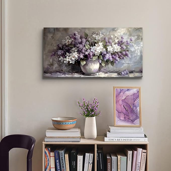 SERIMINO Still Life Large Wall Art, Purple Floral Canvas Prints Paintings, Vintage Vase Flowers Pictures Wall Decor Living Room Bathroom Kitchen Farmhouse Decor Artwork 20"X40"