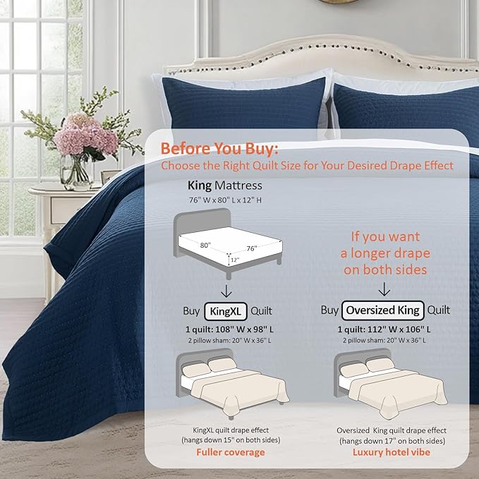 KASENTEX King XL Quilt Set 108"x98" – Soft Washed 3-Layer Lightweight Bedspread, Minimalist Nordic Design, All-Season Spring & Summer Quilt Set (1 Quilt + 2 Pillow Shams),Dress Dark Blue