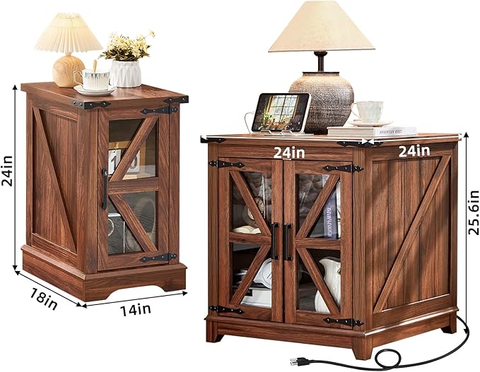 Farmhouse End Table Set 3, Narrow 18'' Night Stand with Glass Barn Door, 24" Square Side Table with Charger Station, Living Room Furniture Sets, Wood Nightstand Bedside Tables for Bedroom