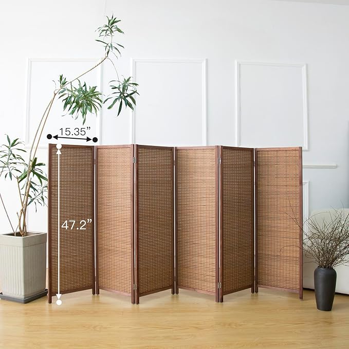 6 Panel Short Room Divider Screen,Brown Freestanding Partition,Small Bamboo Panel Divider for Room Seperation,3.95 FT Tall