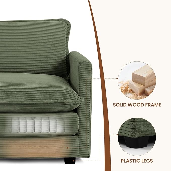 ROWHY Single Armchair with Ottoman, Modern Corduroy Cloud Couch with Convertible Chaise, Upholstered Sofa Set for Living Room, Green