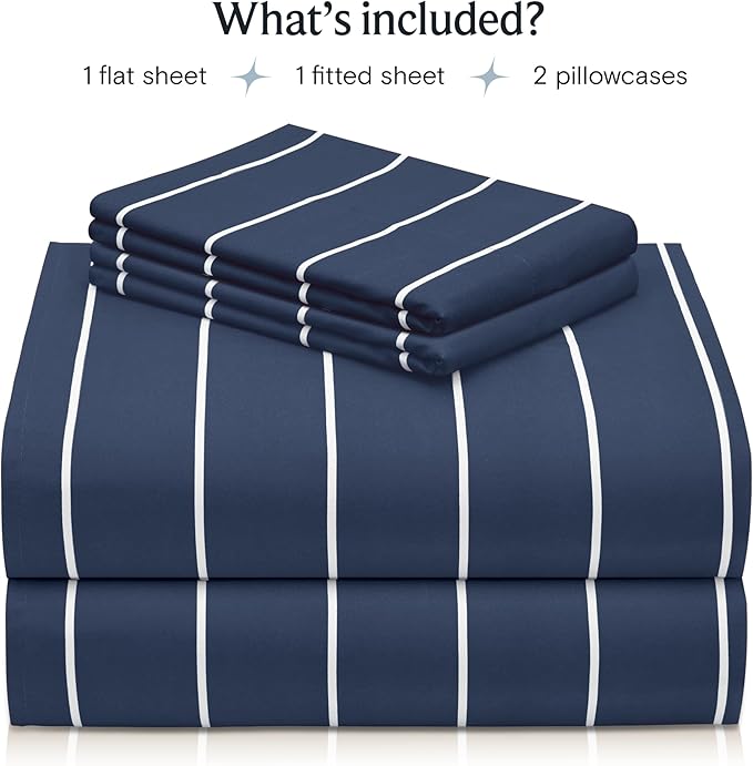 LuxClub 4 PC Queen Sheet Set, Deep Pockets Wrinkle Free Cooling Bed Sheets Hotel Bedding for Women, Men, Includes 1 Fitted Sheet, 1 Flat Sheet and 2 Pillowcases-Striped - Navy