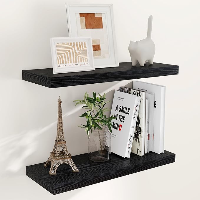 Fun Memories Floating Shelves for Wall, 24 x 9.3 Floating Shelf Wall-Mounted, Rustic Wood Bathroom Shelf Set of 2, Deep Bookshelf Storge Shelves for Living Room, Bedroom, Farmhouse, Black Color
