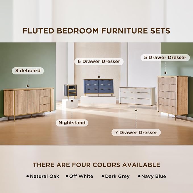 T4TREAM Fluted 6 Drawers Dresser for Bedroom, 54" Wide Modern Dresser TV Stand, Gold Accents, Fluted Fronts, Wood Storage Dressers Organizer for Bedroom, Living Room, (Dark Grey)