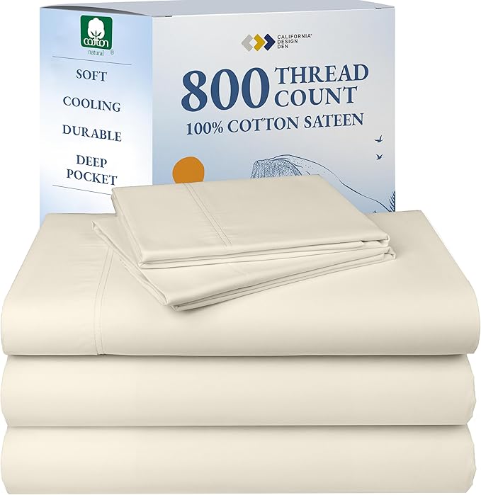 California Design Den Luxury Split King Sheets Sets for Adjustable Bed, Soft 800 Thread Count Sateen, 100% Cotton Set, Includes Twin XL Fitted Sheets - Ivory (Cream Tone)