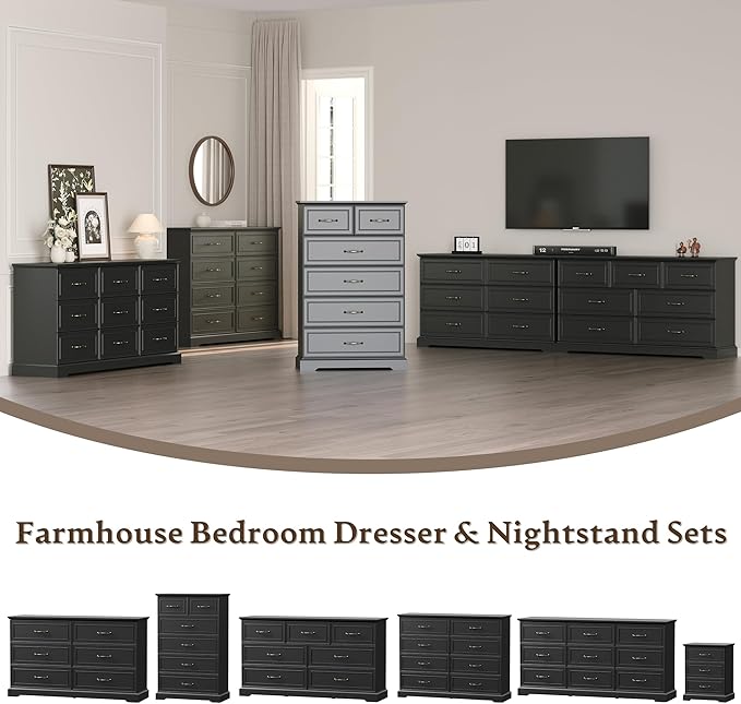 Farmhouse 3 Drawers Dresser for Bedroom, 24" Wide Modern Chest of Drawers with Deep Drawers & Bar Handles, Rustic Wood Nightstand, Wooden Closet Storage Organizer for Living Room, Hallway, Black