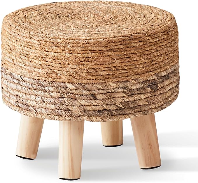 Wimarsbon Round Foot Stool Natural Seagrass Poufs Ottoman Hand Weave Footrest Stool for Couch Desk Extra Seat Step Stool with Solid Wood Legs for Hallway Patio Lounge Brown