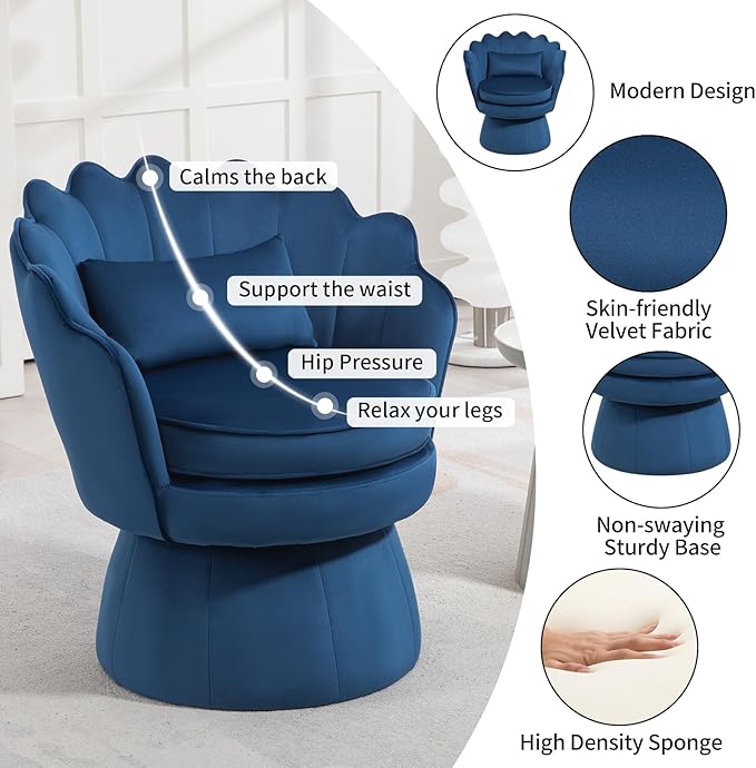 360° Swivel Accent Chairs Set of 2, Mid-Century Modern Velvet Barrel Chair, Comfy Shell Shape Arm Chair with Lumbar Pillow for Living Room, Bedroom, Office, Dark Blue