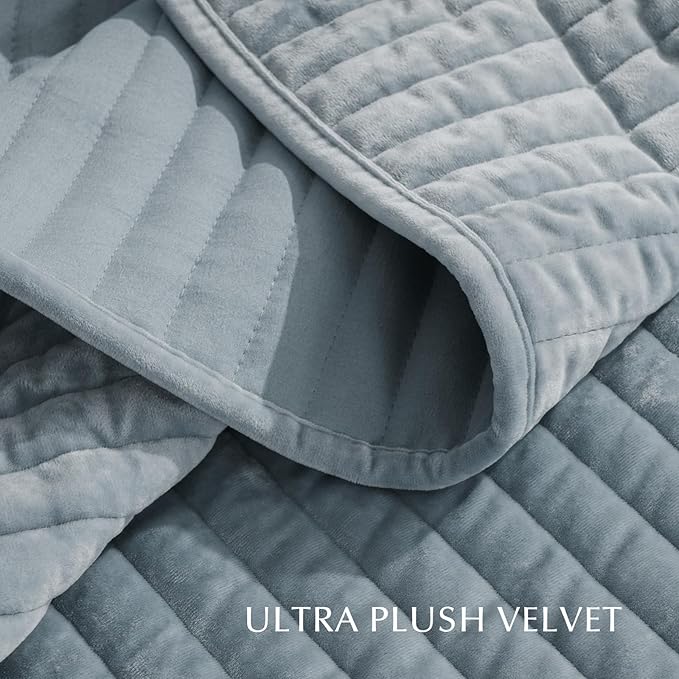 EVERGRACE Velvet Quilt Set Queen Size, Luxurious Soft Striped Channel Bedding Set, Lightweight Velvet Comforter for All Season, Oversized Bedspread Coverlet with 2 Matching Shams, Blue Linen