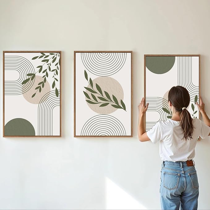 Yeehomedec Boho Sage Green Framed Canvas Wall Art, Mid Century Modern Wall Decor, Large Minimalist Botanical Art Print, Abstract Geometric Line Leaf Art Painting for Bathroom Living Room Bedroom Office 16"x24"x3