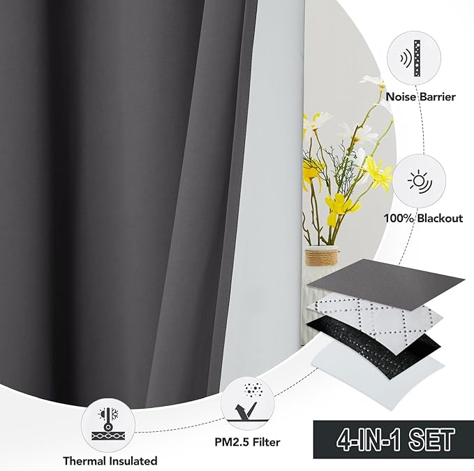 RYB HOME PM 2.5 Filter Curtains for Living Room/Bedroom, Soundproof Blackout Large Window Curtains for Dust Sandstorms Smog Pollen Odor Filtering, Grey, W42 x L84 inch, 2 Panels