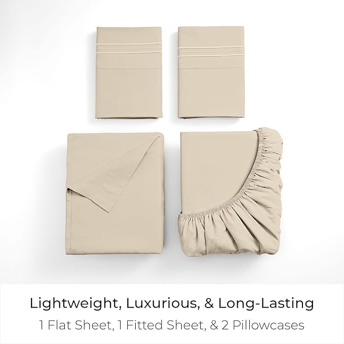 Mellanni Twin Sheet Set - 4-Piece Iconic Collection Bedding, (Including 2 Pillowcases), 16-Inch Deep Pocket, Easy Care, Extra Soft, Cooling Sheets, Brushed Microfiber - Beige