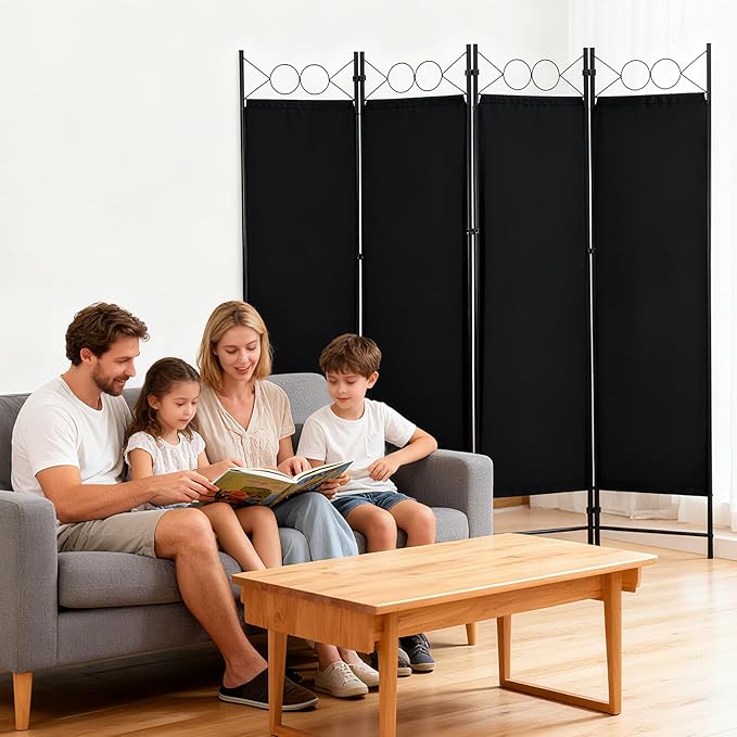 DUMOS 4 Panel Partition Room Divider, 6 Ft Tall Folding Privacy Screen, Freestanding Partition with Steel Frame, Easy Move & Storage, for Home, Office, Bedroom, Black
