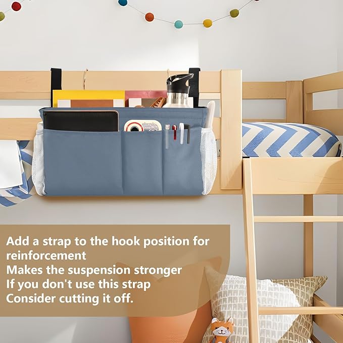 KOPIRIT Dusty Blue Bedside Caddy Storage Bag Bedside Organizer for Headboards Bunk Beds Organizer Caddy Hanging Shelf 6 Pockets with Hooks for Magazine Water Bottle Holder
