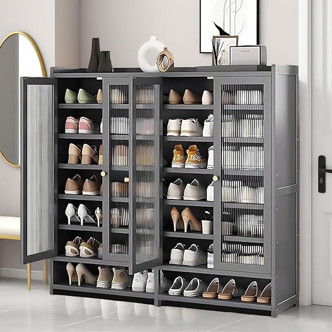 Bamboo Shoe Cabinet, 36-40 Pairs 8 Tier Shoe Rack with Doors, Freestangding Shoe Cabinet Organizer with Shelves, 43" Tall Shoe Rack Organizer for Entryway, Closet, Hallway