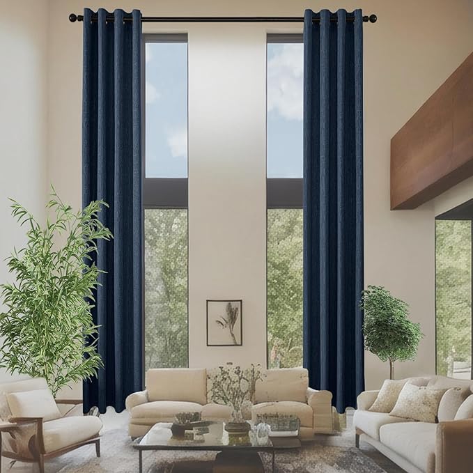Linen Curtains 205 inch Length 2 Panels for High Ceiling Extra Long Thick Faux Linen Window Drapes Burlap Textured Curtains with Grommet for 2 Story High Living Room (52x205 Navy)