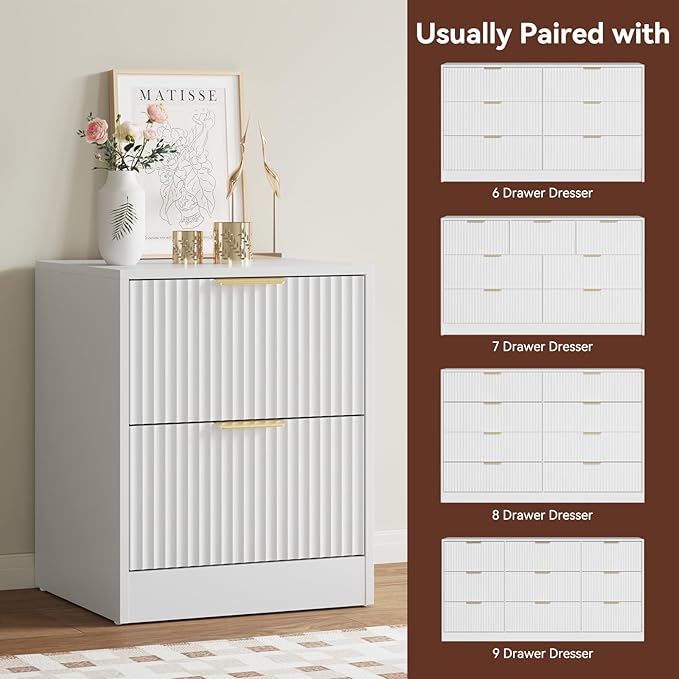 8 Drawer Dresser & Nightstand Set 3-Piece, 55” Wide Fluted Dresser and Night Stand Set of 2 with Metal Handle, Modern Wood Chest of Drawers Storage Dressers Set for Bedroom, White