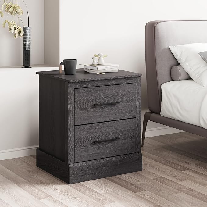 Giantex Farmhouse Nightstand Set of 2, Wood Bedside Table with 2 Storage Drawers, Compact Floor Night Stand End Table, Accent Sofa Side Table for Bedroom, Grey Oak