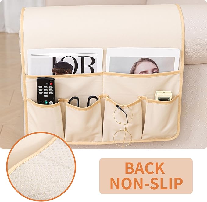 HAOMAIJIA Anti Slip Sofa Armrest Organizer Arm Chair Bedside Caddy Storage Organizer For Recliner Couch With 6 Pockets For Cell Phone Tv Remote Control (Beige, 31.89 inches × 18.5 inches)