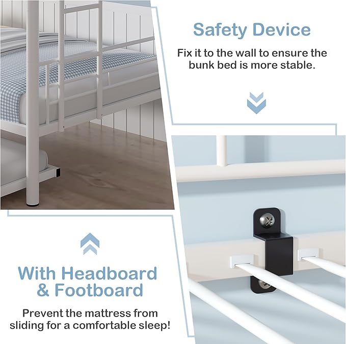 VECELO Bunk Bed Twin Over Twin with Trundle, Metal Bunkbeds with Ladder and Full-Length Guardrail, No Box Spring Needed, Space Saving, Noise Free, White