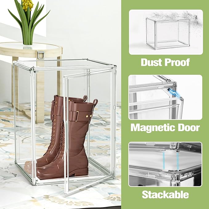XX-Large Acrylic Display Case 11.4'' x 9.8'' x 15.3'', Boot Boxes for Tall Boots Size 15, Large Sneaker Shoe Box Clear Stackable Storage Boxes for Collectibles Handbag Organizer with Magnetic Lids