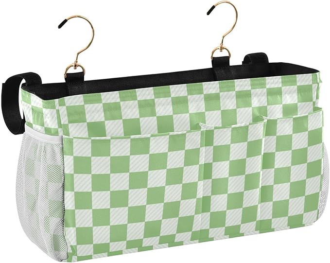 Bedside Caddy Hanging Bunk Bed Caddy Bed Organizer Hanging Pocket with 2 Hooks Bedside Storage Organizer Pocket Bag Holder Checkered Light Green
