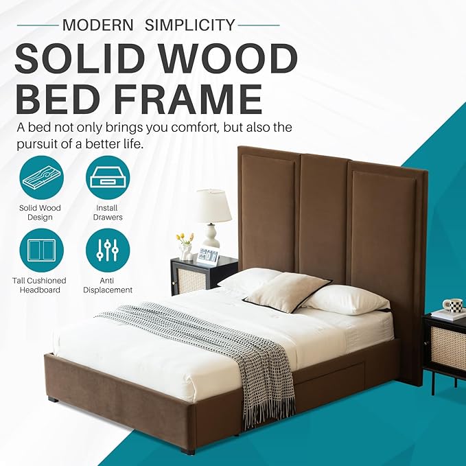 YUHUASHI Queen Size Bed Frame with 64-inch High Headboard, Simple and Airy Linen Upholstered Platform Bed with Storage Drawers, Wood Slat, No Noise (Brown, Queen)