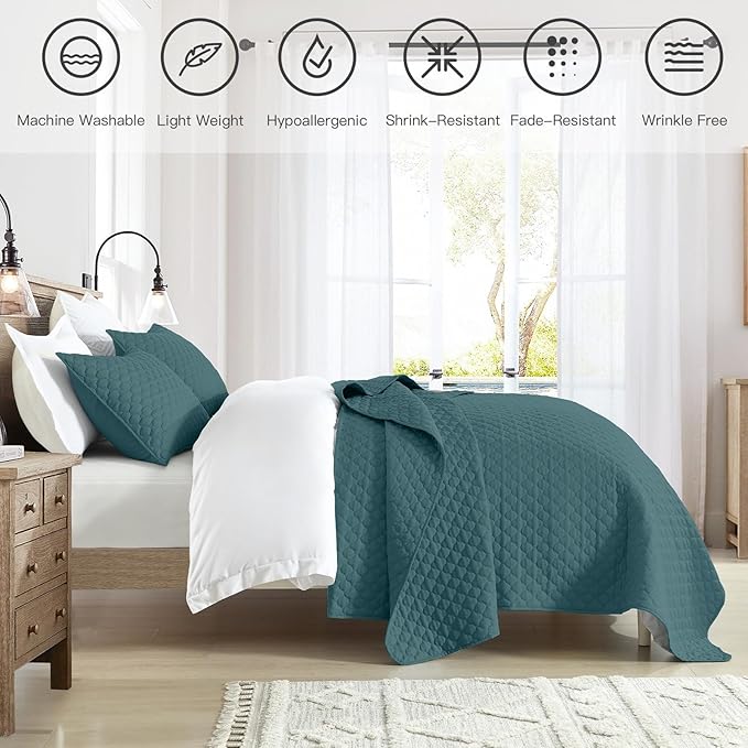 HORIMOTE HOME Quilt Twin Size Teal Blue, Lightweight Quilt for Summer Ultra-Soft Microfiber Modern Style Quilted Clouds Pattern Bedspread Quit Set 2 Pieces (1 Quilt and 1 Pillow Sham)